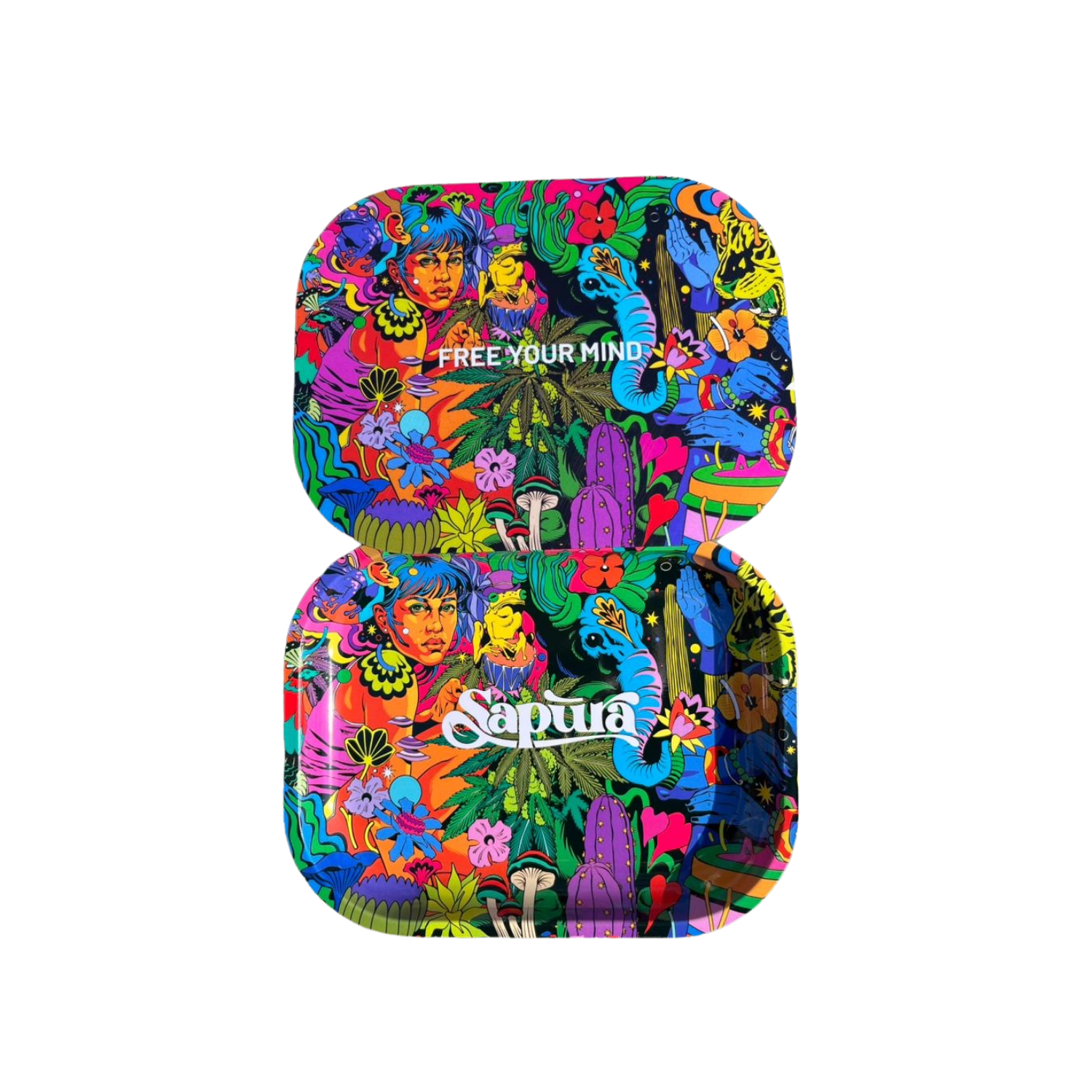 Full-color custom rolling tray with psychedelic pattern and branded magnetic lid
