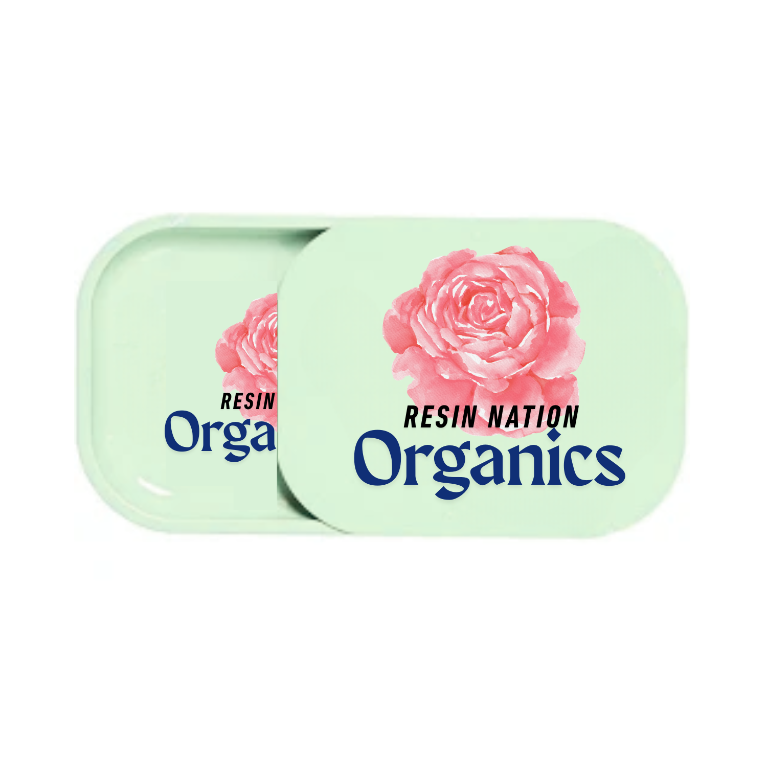 Custom metal rolling tray with floral graphic and matching branded magnetic lid