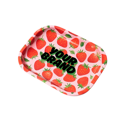 Small 7" x 3" custom metal rolling tray with edge-to-edge strawberry design and full-color logo print

