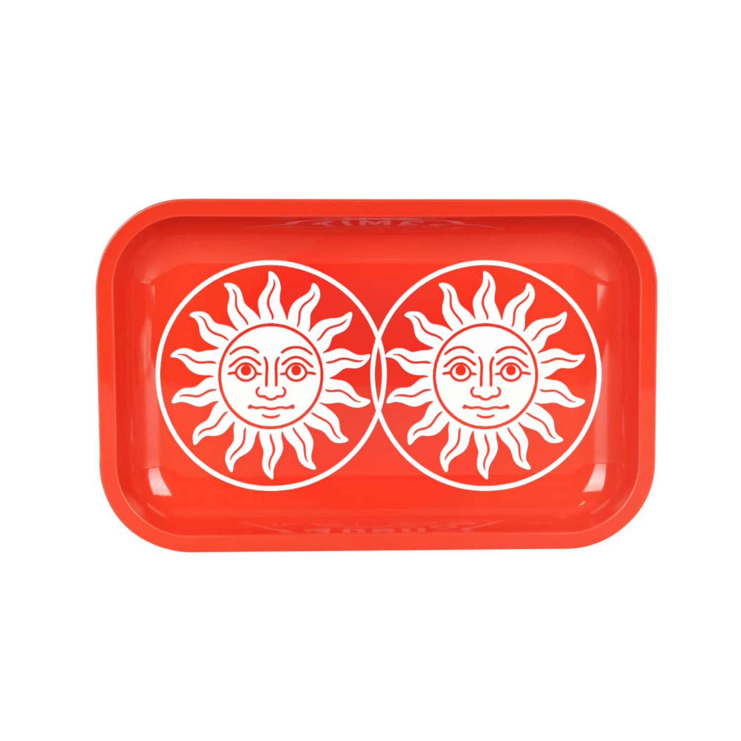 Medium red metal rolling tray with edge-to-edge geometric custom print