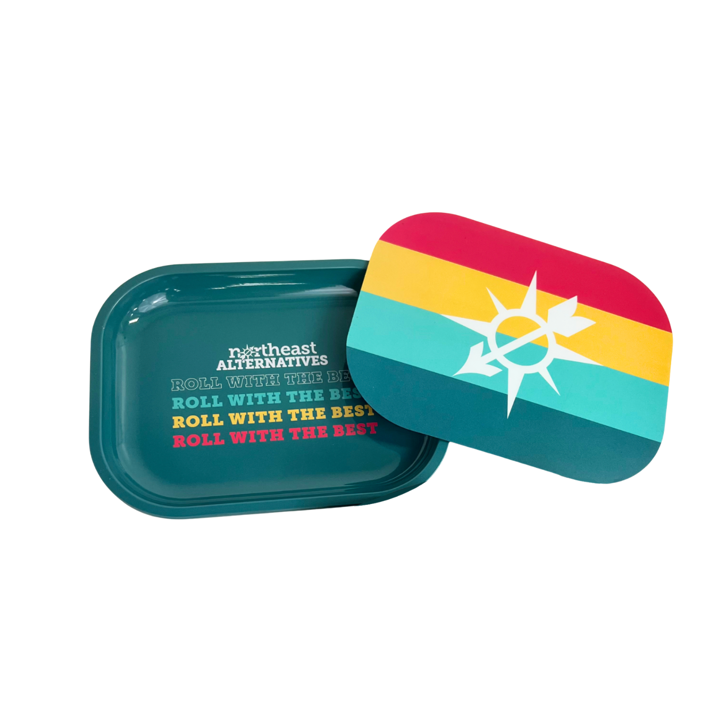 Personalized teal rolling tray with custom rainbow magnetic lid, open view