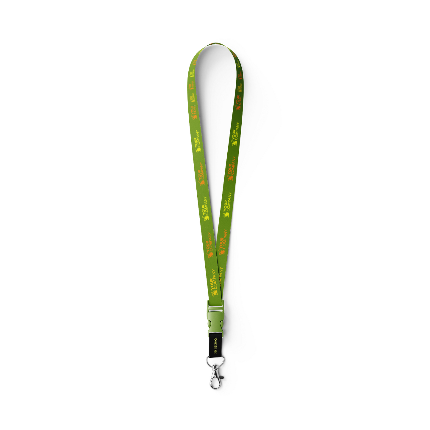 Green custom printed nylon lanyard with safety breakaway and metal hook