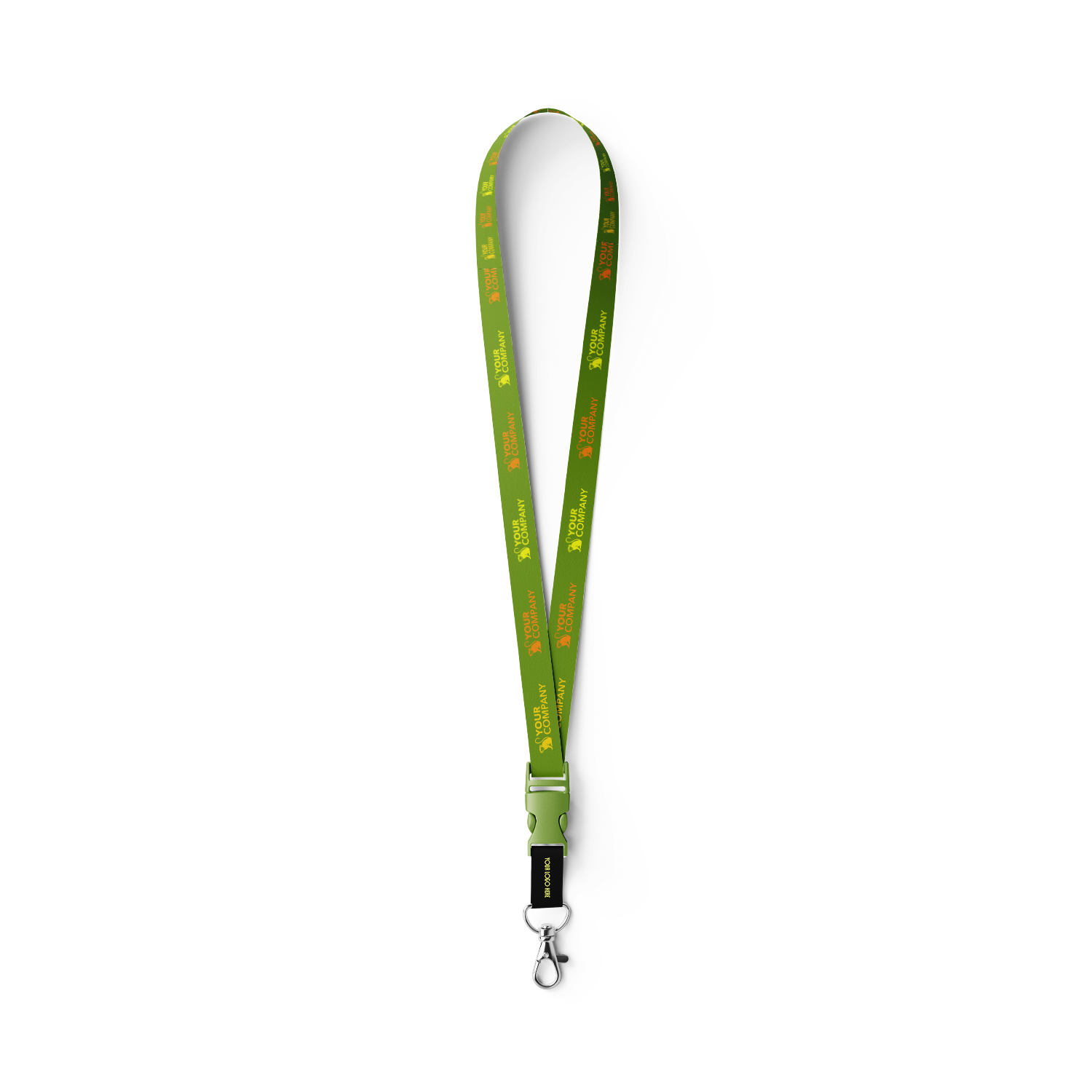 Green custom printed nylon lanyard with safety breakaway and metal hook