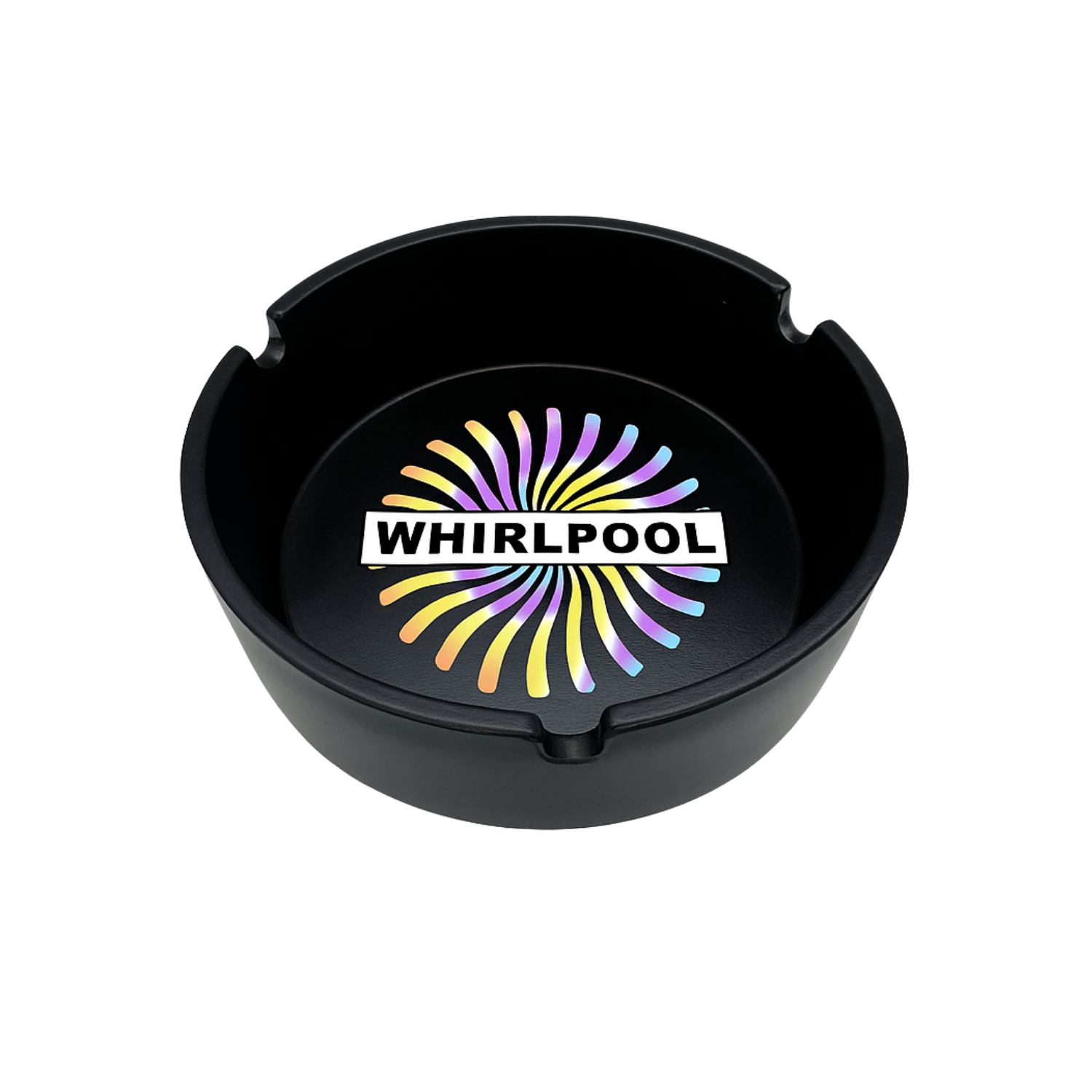 Custom black plastic ashtray with full color printed design in center
