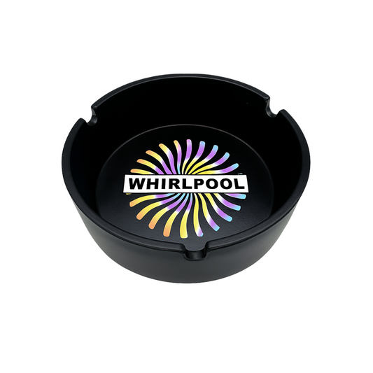 Custom black plastic ashtray with full color printed design in center