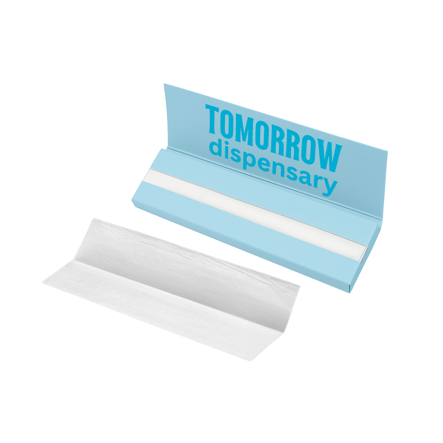 Open booklet of custom printed 1 1/4 rolling papers with organic hemp paper and tips included.