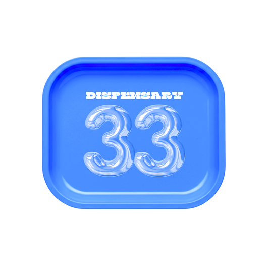 Fully customizable metal rolling tray with bright blue background and bold white logo, edge-to-edge printed gradient art