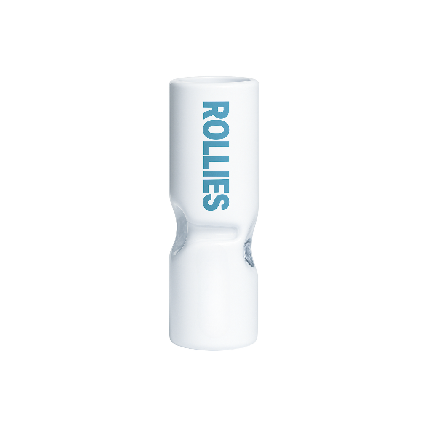 White glass joint tip featuring direct printed logo for pre-roll customization.