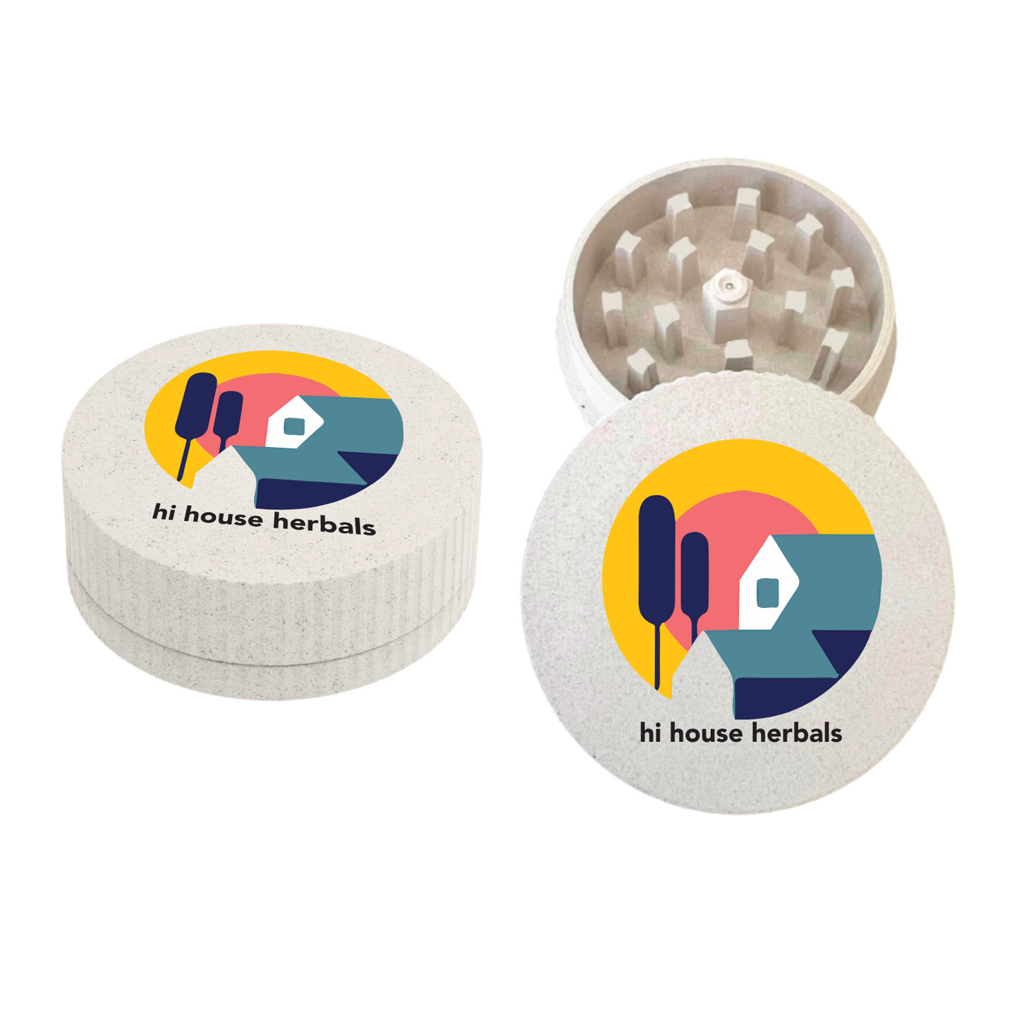 Custom white hemp grinder branded with full-color logo. Biodegradable two-piece grinder shown open and closed.