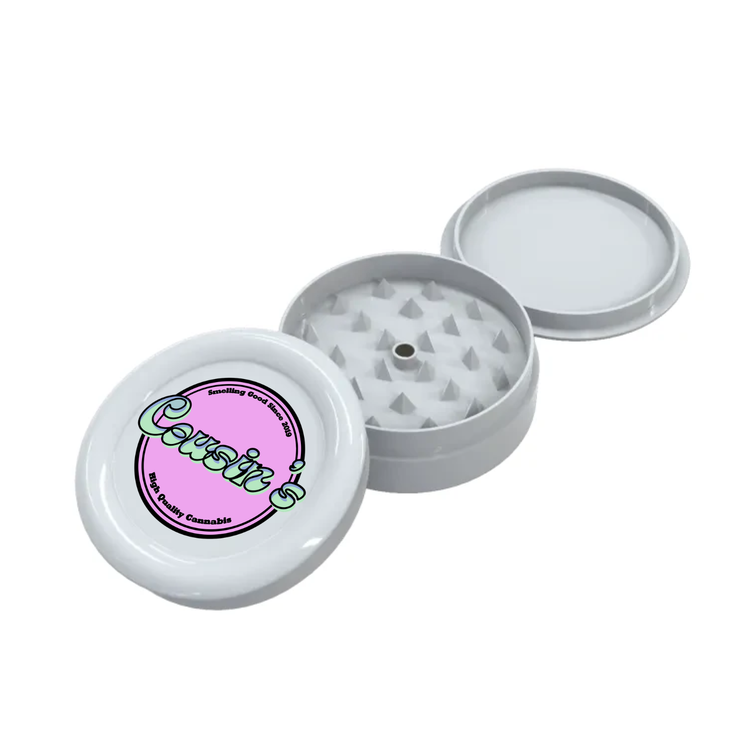 White grinder open to show inside teeth and 3-piece construction