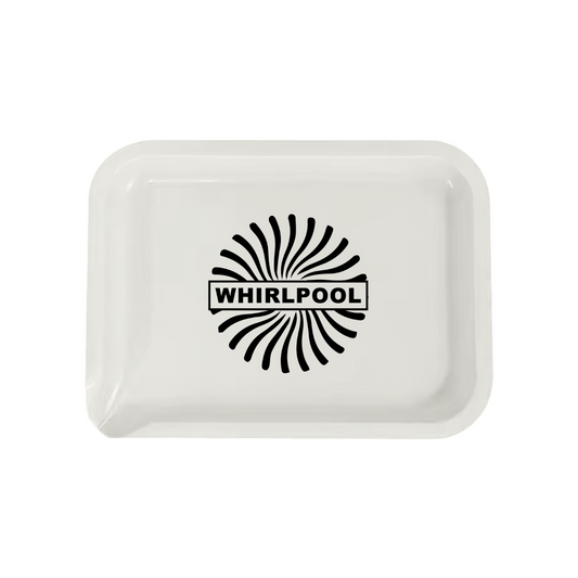 Custom white rolling tray with spout and full-color logo print for dispensaries