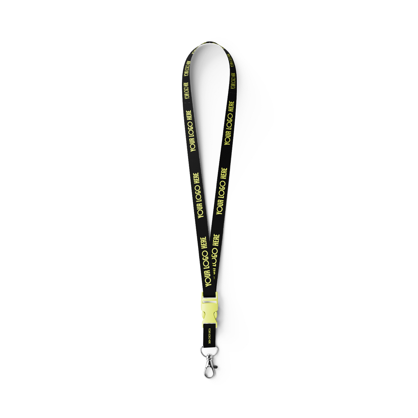 Custom wide nylon lanyard in black with yellow full-color print, safety clip, and metal clasp