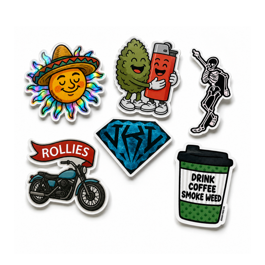 Custom die-cut stickers in multiple shapes with cannabis brand artwork