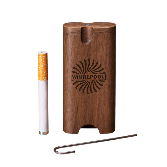 Custom wooden dugout with laser-engraved brand logo