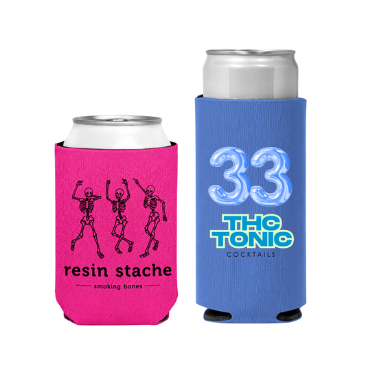 Custom koozie with full-color cannabis brand logo