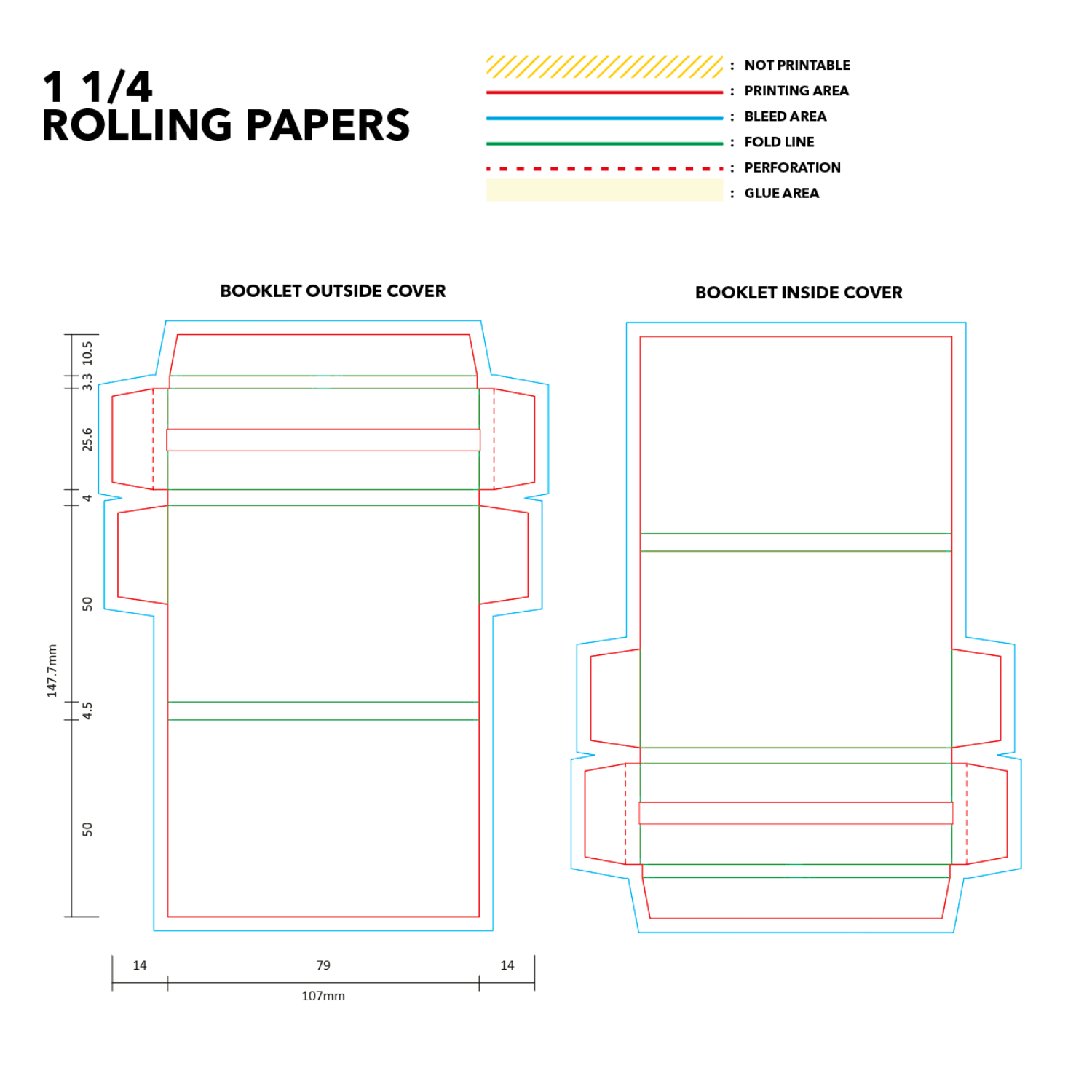 Print area layout for custom rolling paper booklets showing front and back imprint zones