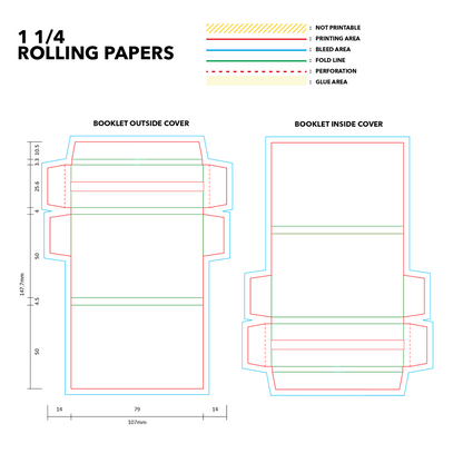 Print area layout for custom rolling paper booklets showing front and back imprint zones