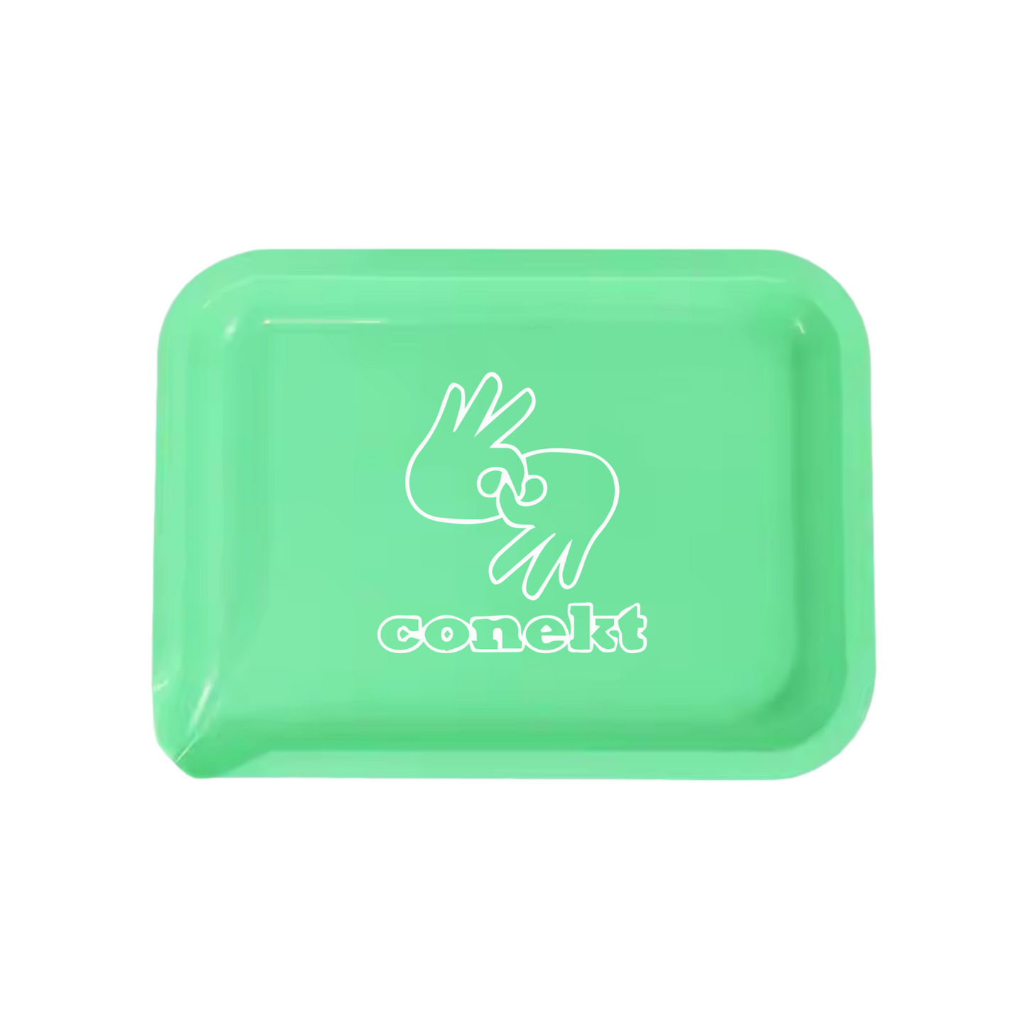 Green rolling tray with built-in spout and custom branding for cannabis retailers