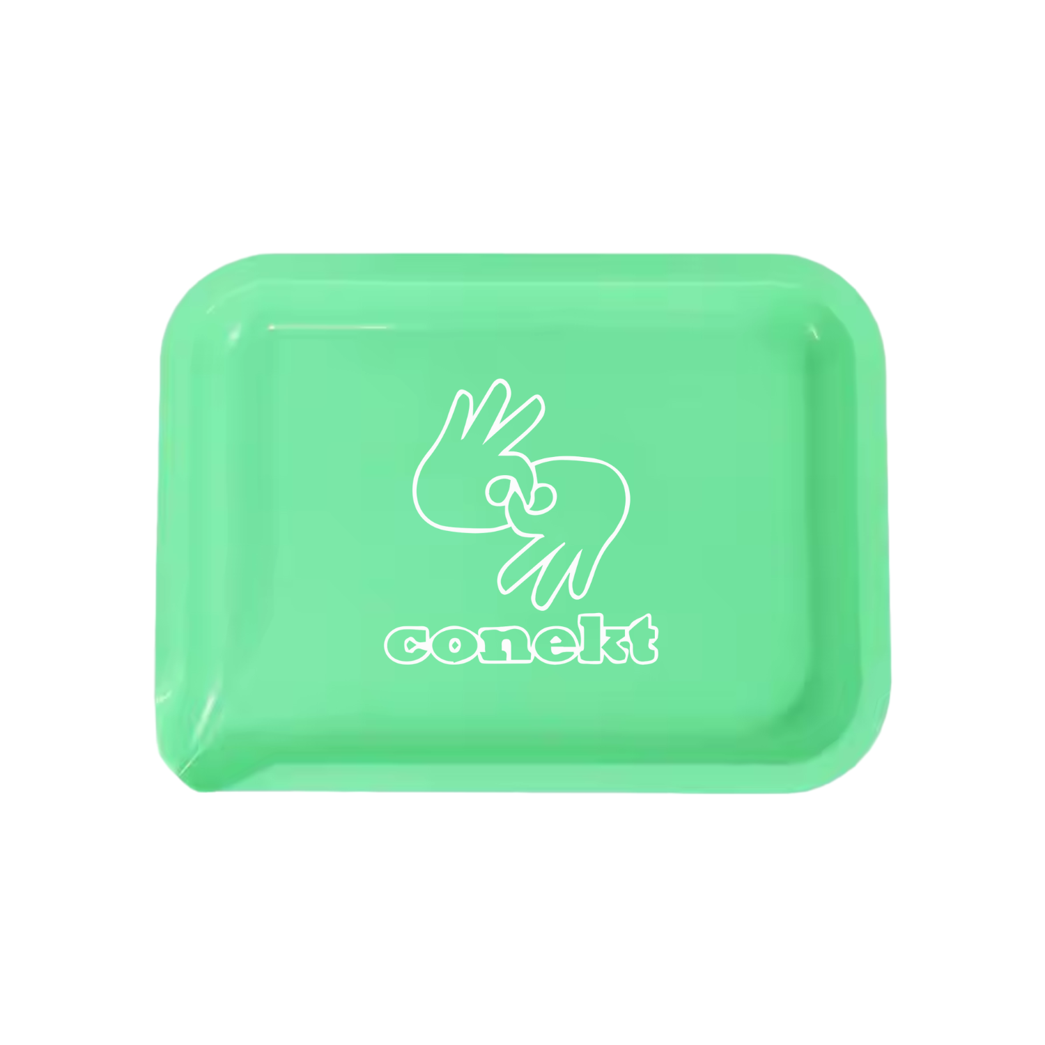 Green rolling tray with built-in spout and custom branding for cannabis retailers