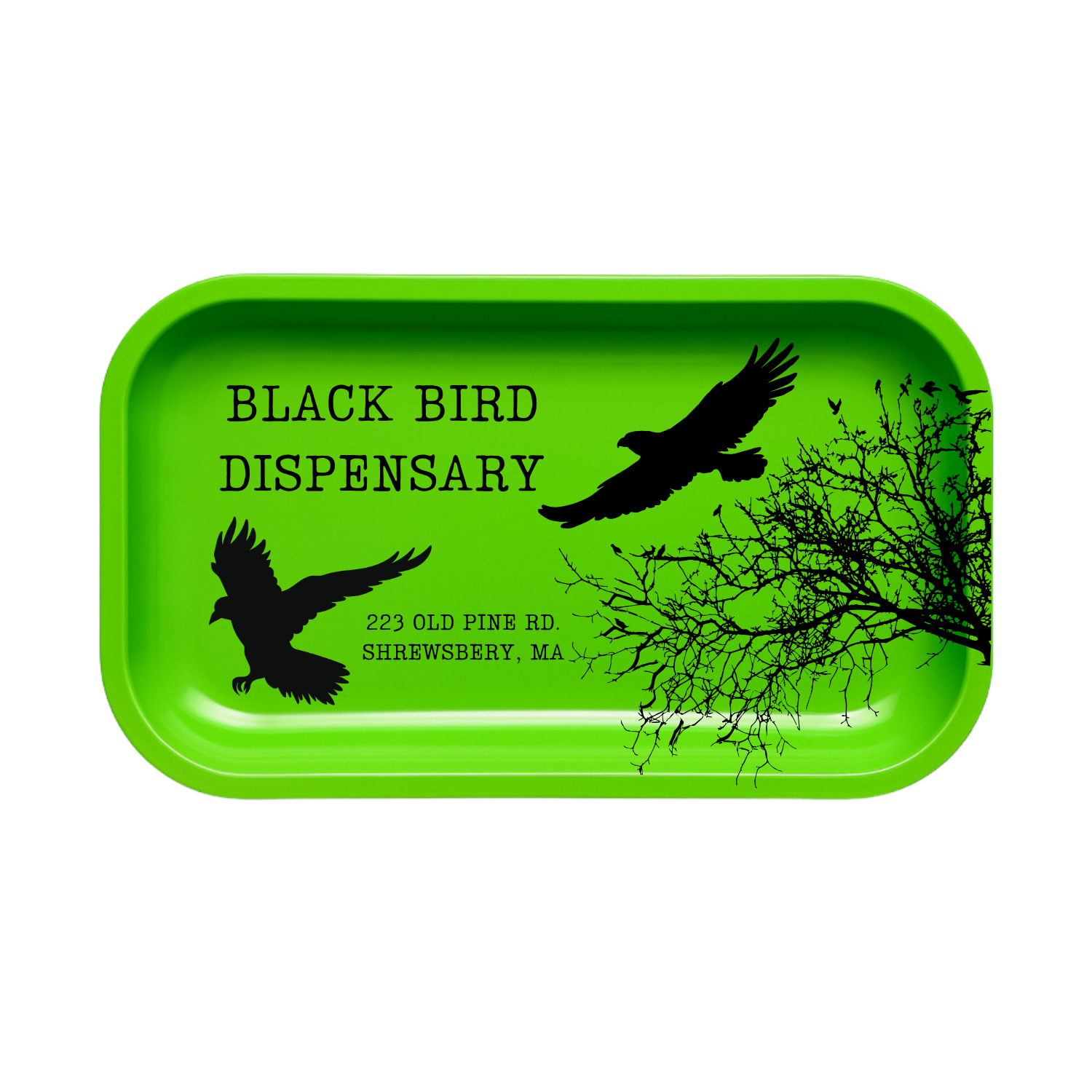Bright green custom metal rolling tray with detailed edge-to-edge artwork