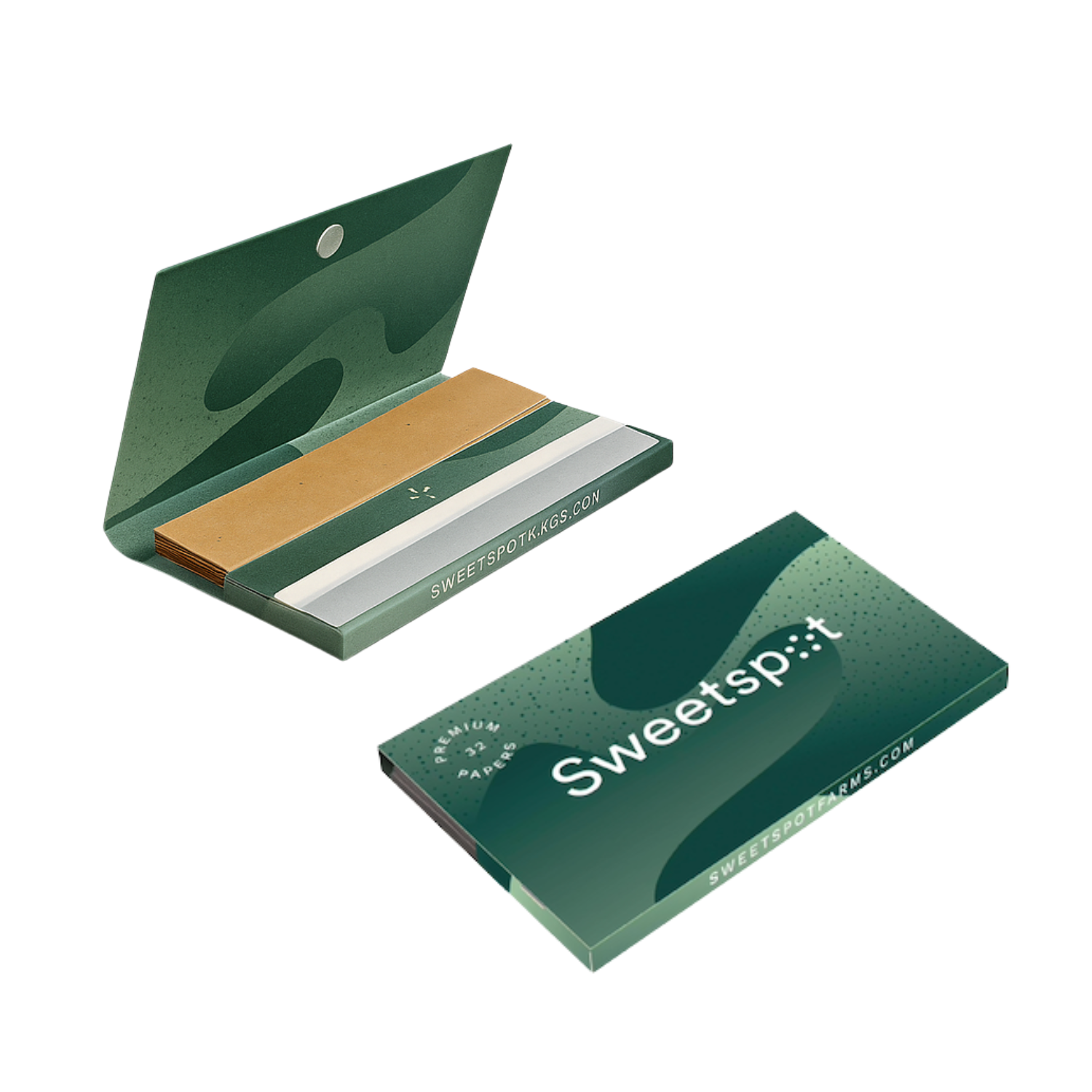 Open custom 1 1/4 rolling paper booklet featuring magnetic flap and built-in filter tips
