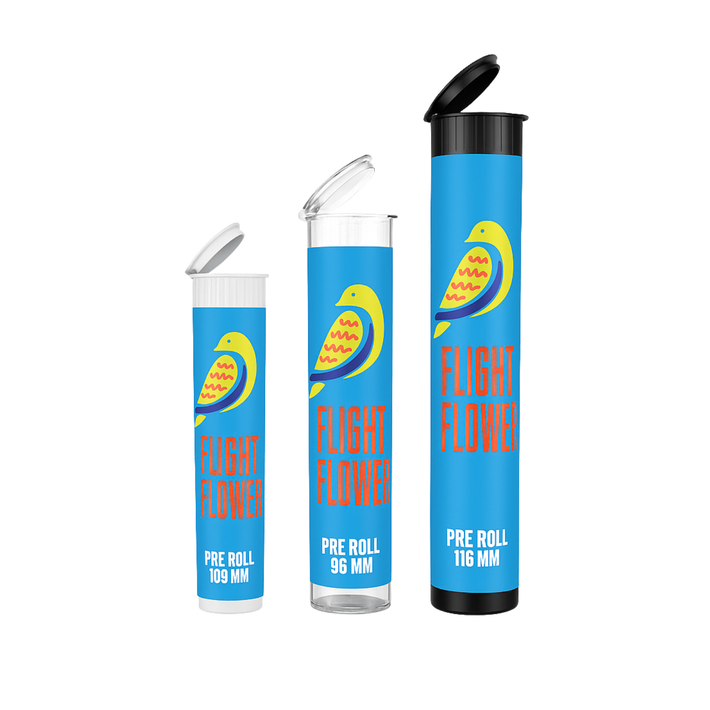 Custom labeled pre-roll tubes with custom design, available in 90mm, 98mm, and 116mm sizes with white, clear, and black tube options
