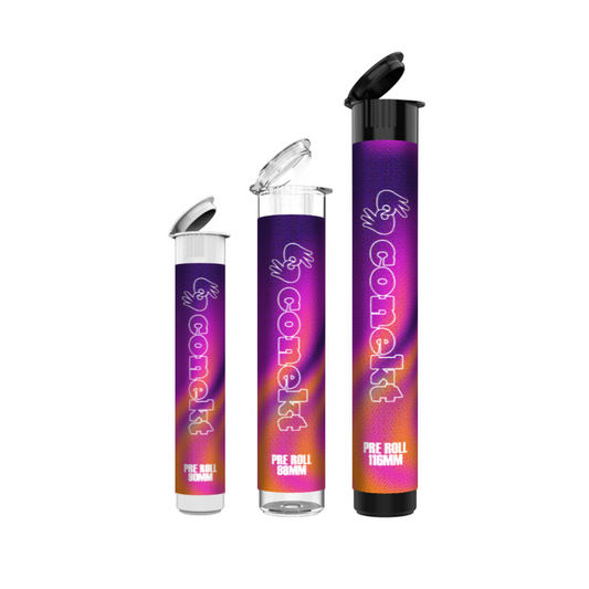 Custom labeled pre-roll tubes in purple gradient design, available in 90mm, 98mm, and 116mm sizes with white, clear, and black tube options