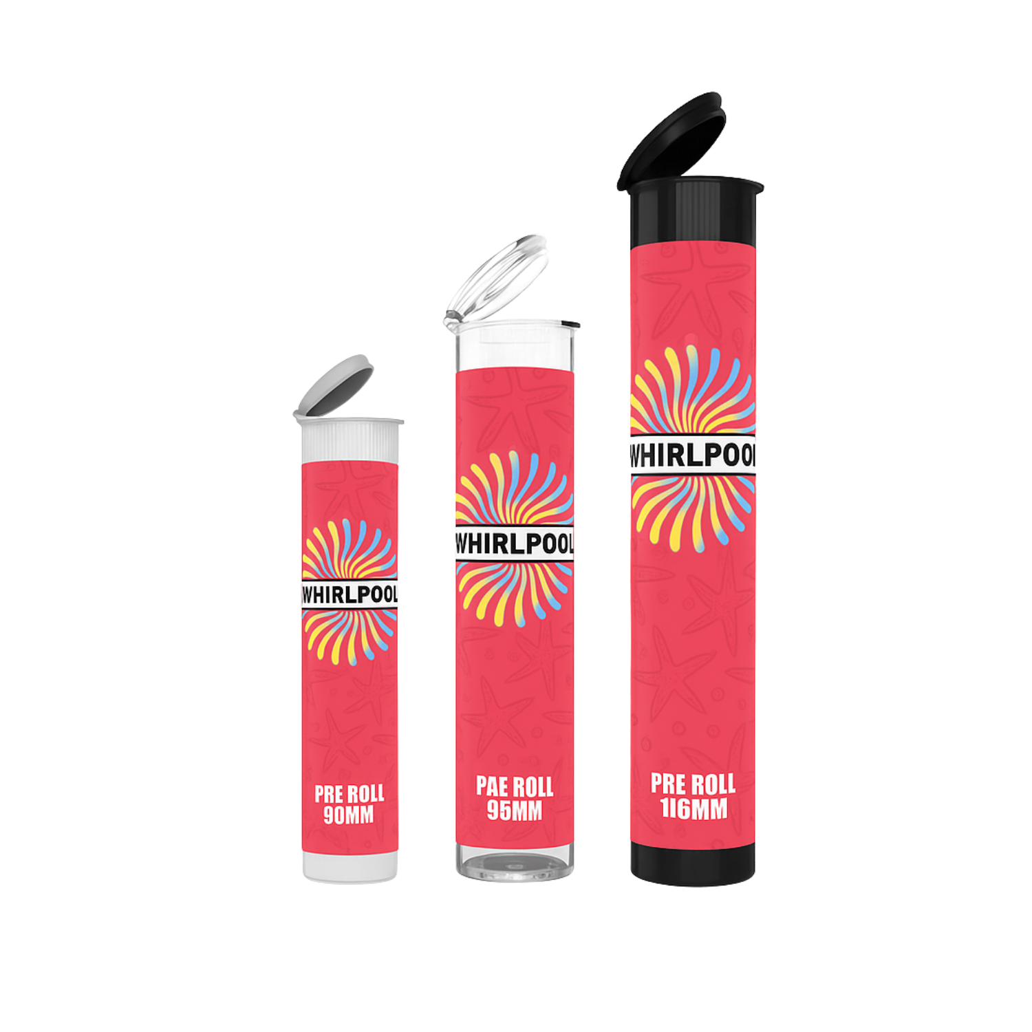 Pre-roll tubes with red swirl custom label applied, in three sizes and child-resistant certified packaging