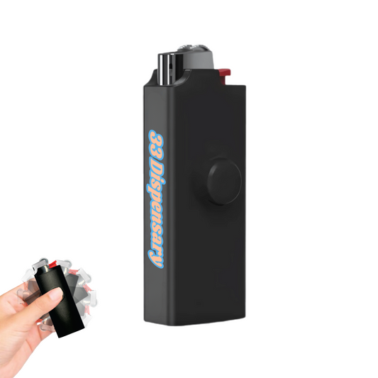 Person spinning a custom Puffspin lighter spinner case with attached Bic lighter