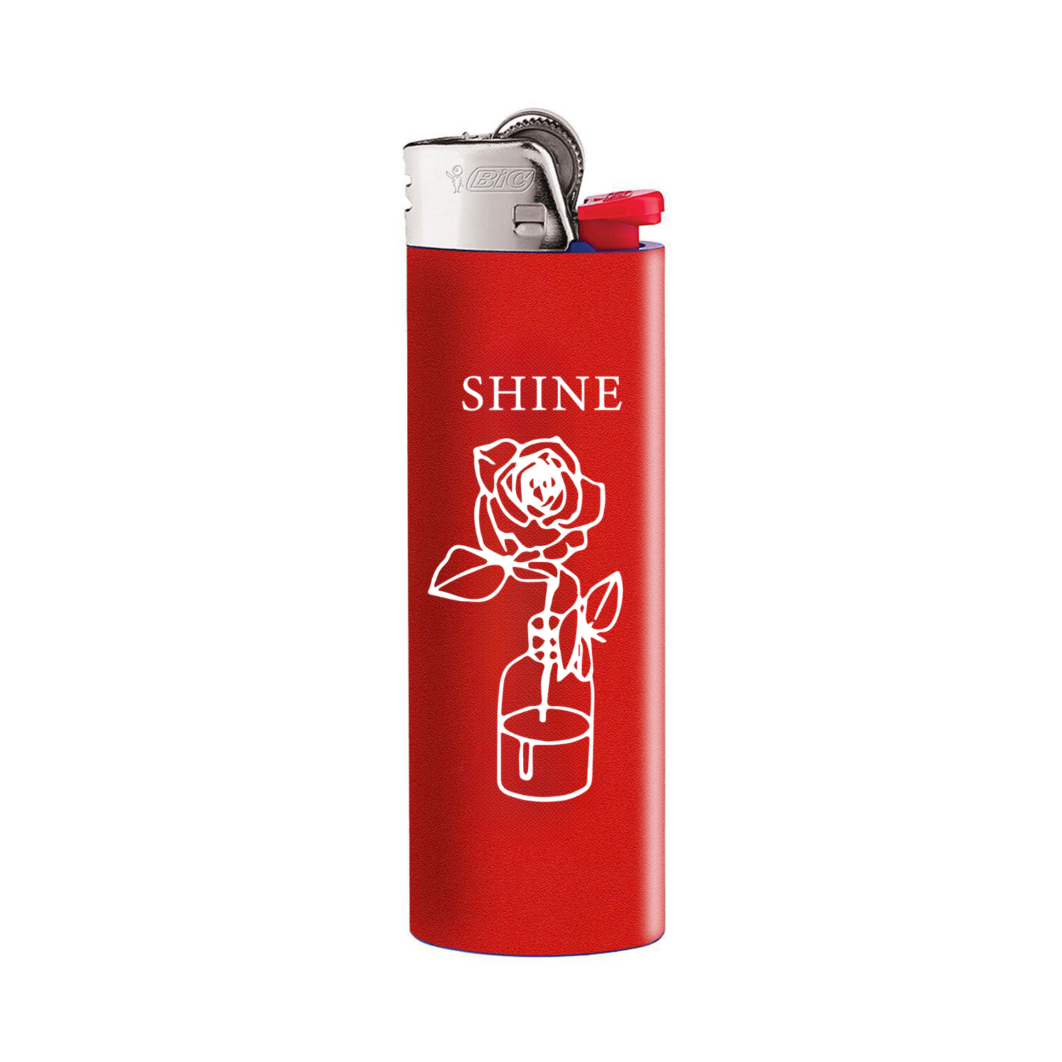 Red custom Bic lighter with white branded script artwork