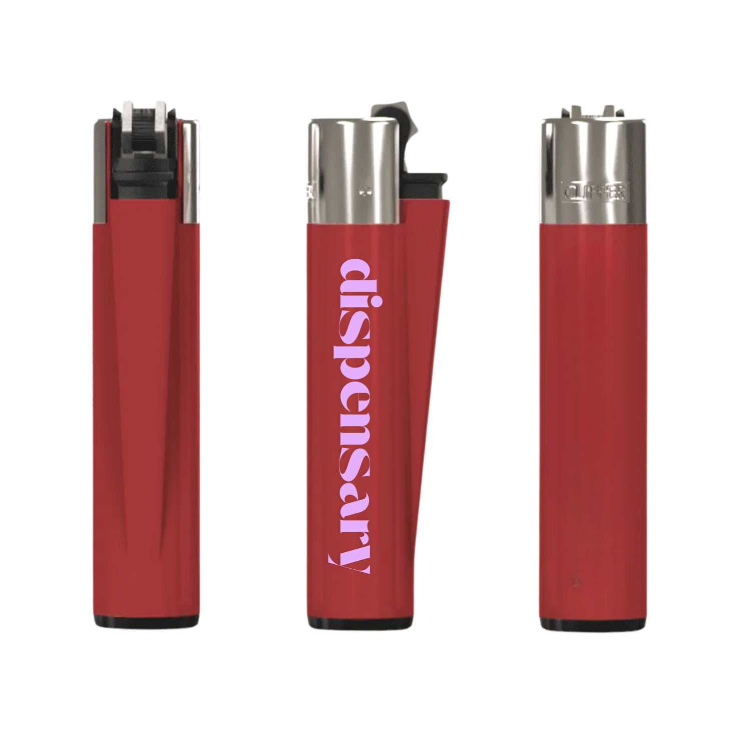 Fully customizable red Clipper lighters with printed branding, perfect for dispensary retail or event giveaways