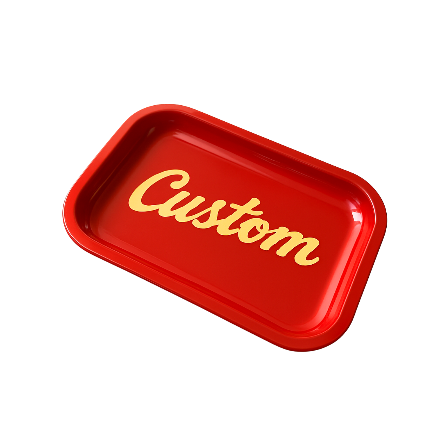 Red metal rolling tray featuring full-area script logo design