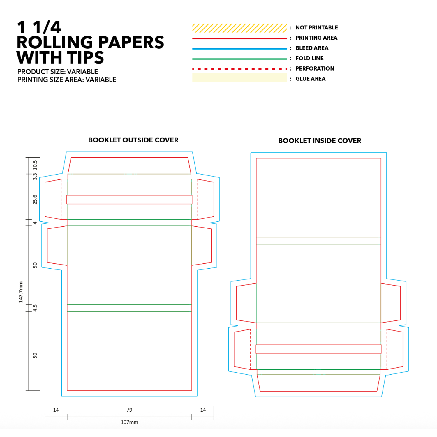 Custom dieline and print template for 1 1/4 rolling paper packaging with magnetic closure and tips