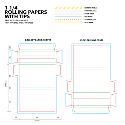 Custom dieline and print template for 1 1/4 rolling paper packaging with magnetic closure and tips