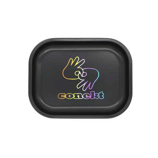 Small black metal rolling tray with full-color printed logo