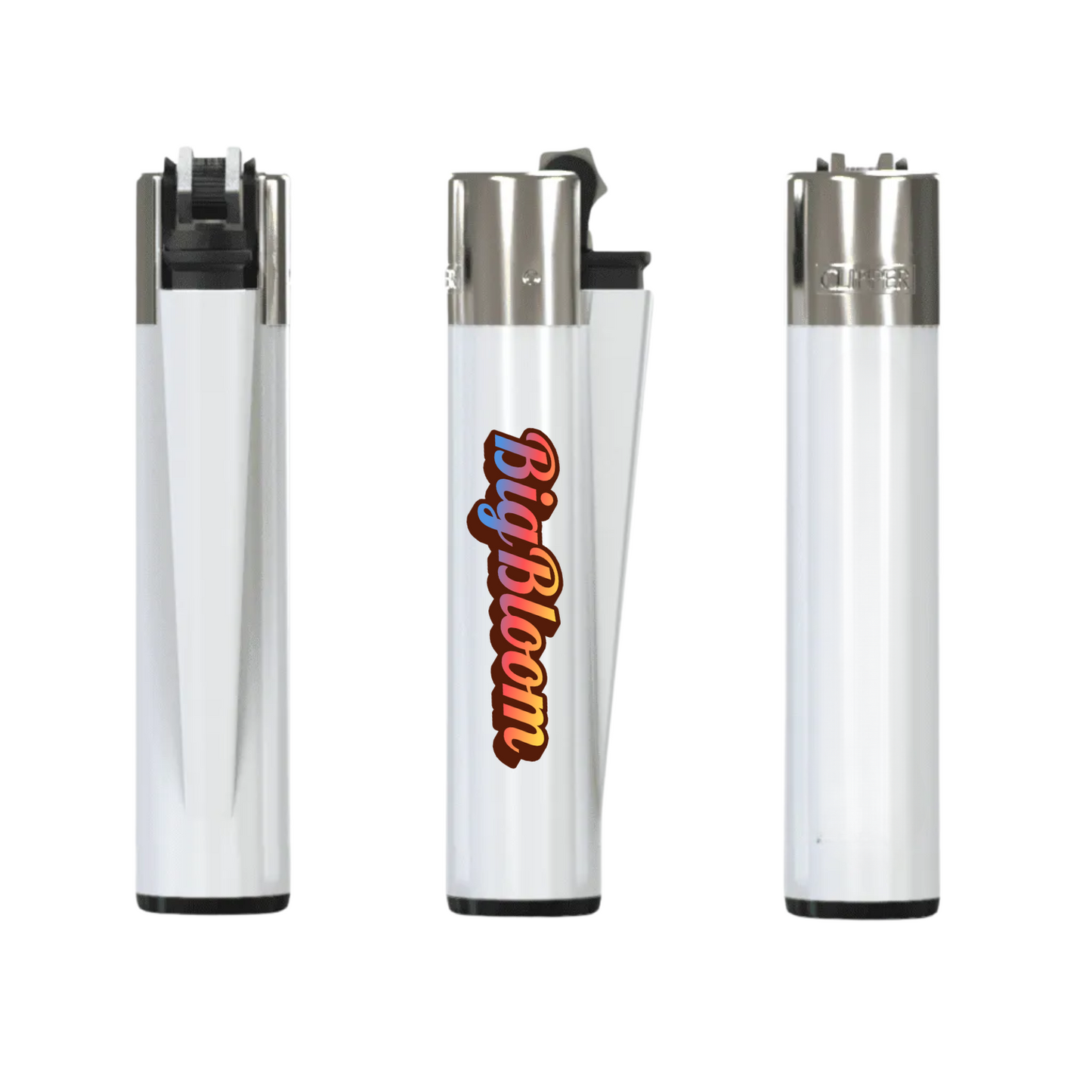 Custom white Clipper lighters with colorful logo prints, showcasing full branding options for cannabis promotions