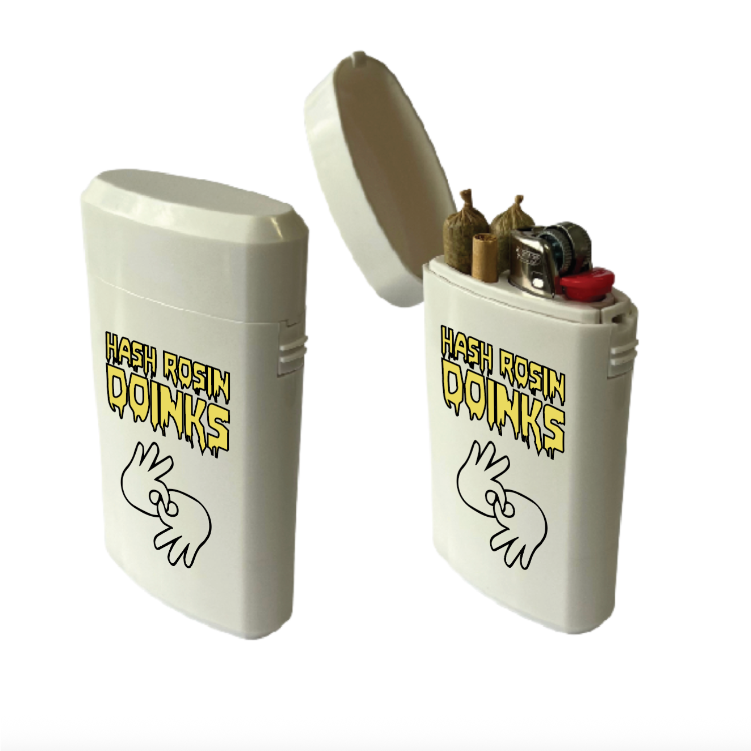 White custom joint cases filled with three pre-rolls and open flip-top lids