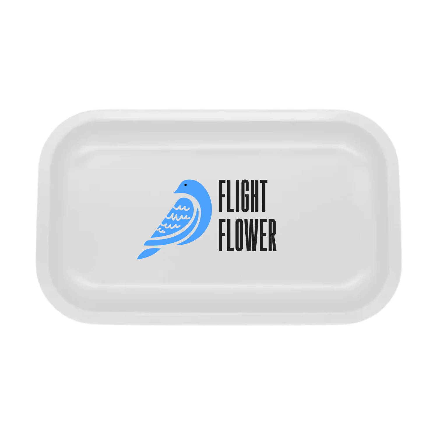 Custom medium white rolling tray with blue retail-inspired graphic