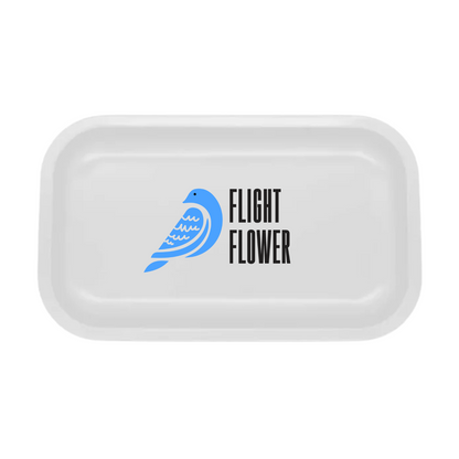 Custom medium white rolling tray with blue retail-inspired graphic