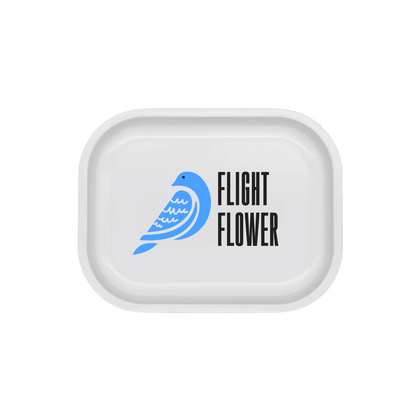 White small metal rolling tray with centered blue custom graphic