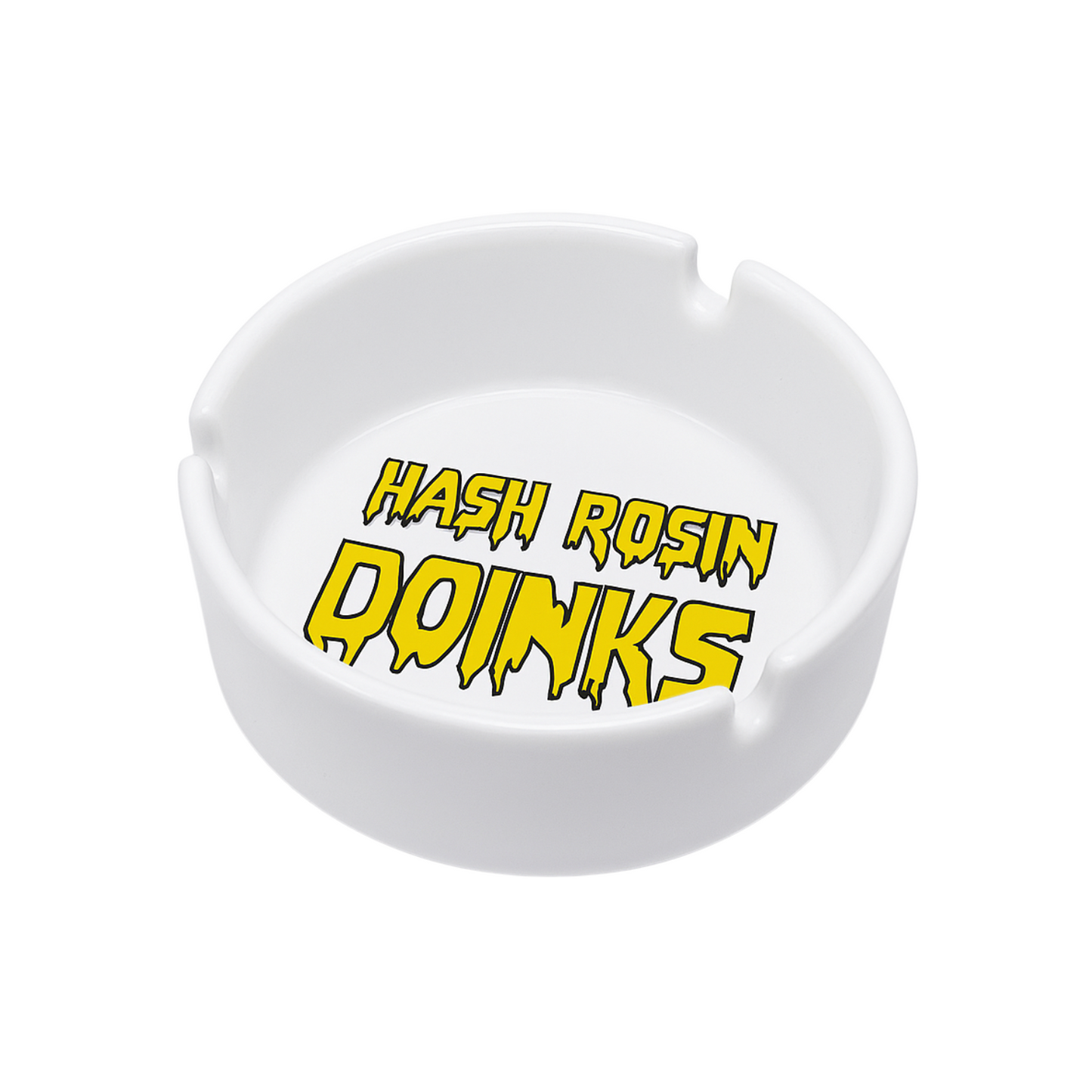 White glass ashtray with bold custom logo printed in yellow
