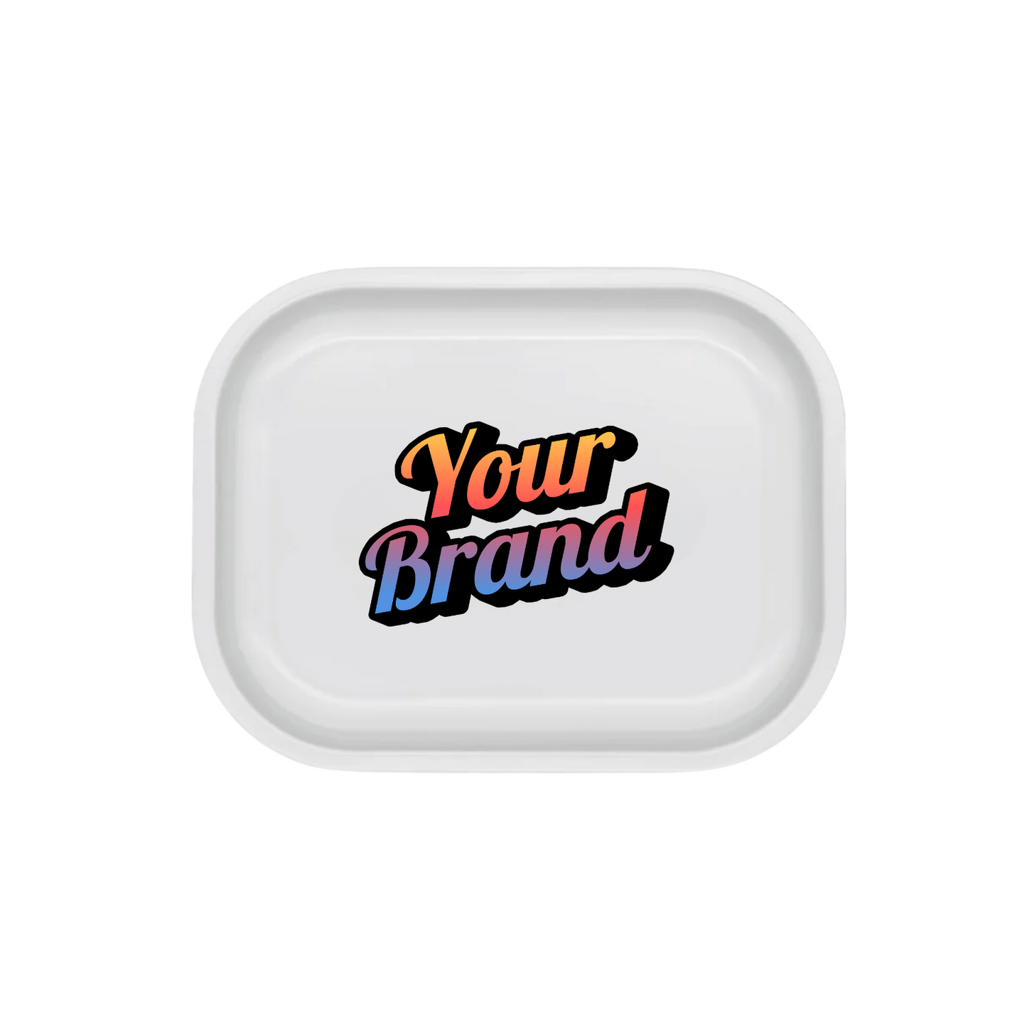 Small white metal rolling tray with colorful branded artwork