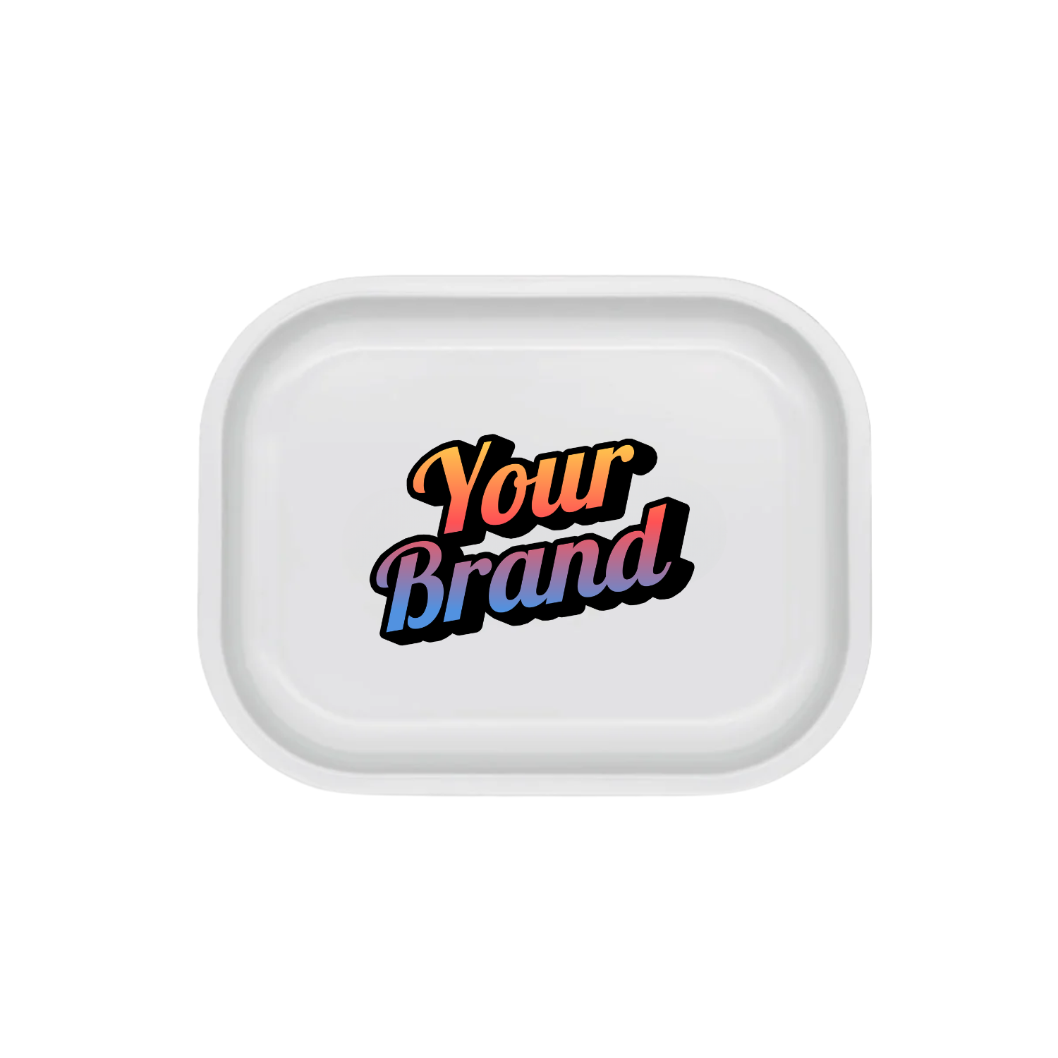 Small white metal rolling tray with colorful branded artwork