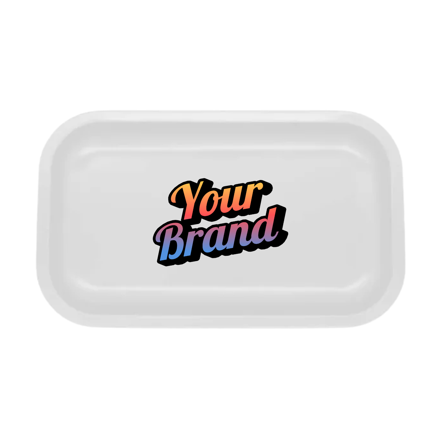 Medium white rolling tray featuring centered logo-style artwork