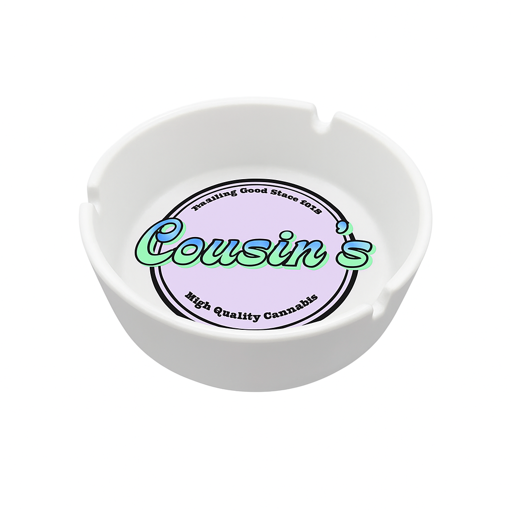 White plastic ashtray with colorful branding printed in the center